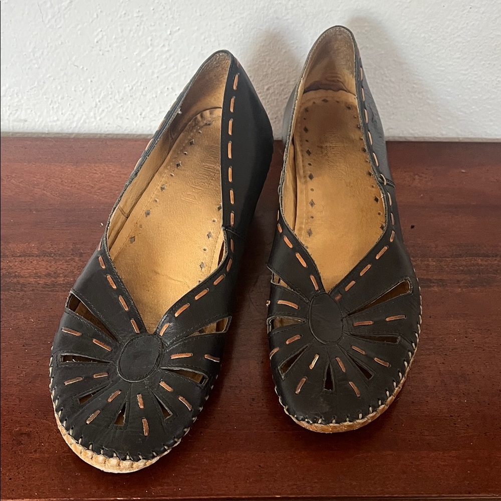 PIKOLINOS Vintage Black Leather Cutout Flats Sandals Low Heel Size EU 39 US 8.5